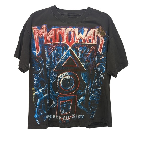 Vintage Manowar Secret Of Steel T Shirt Mens L Faded Rare Metal Band Tee